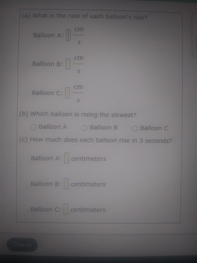 Three hot air balloons are rising at constant rates. for each, the distance risen-example-2