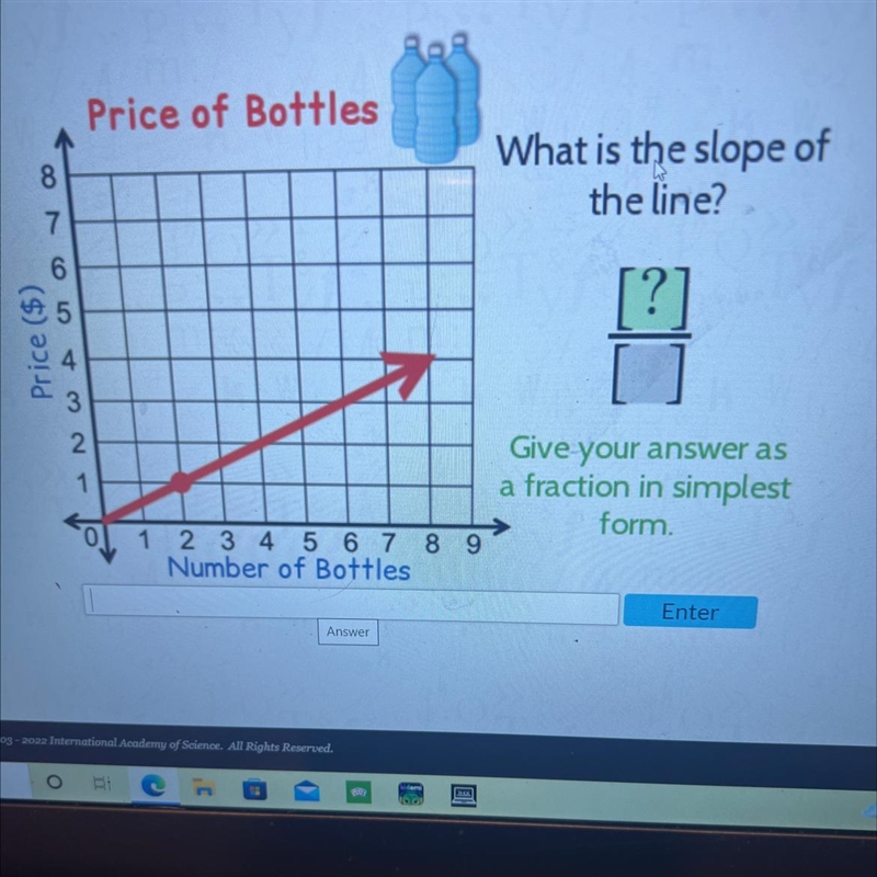 Price of Bottles8What is the slope ofthe line?76[?5Price ($)322Give your answer asa-example-1