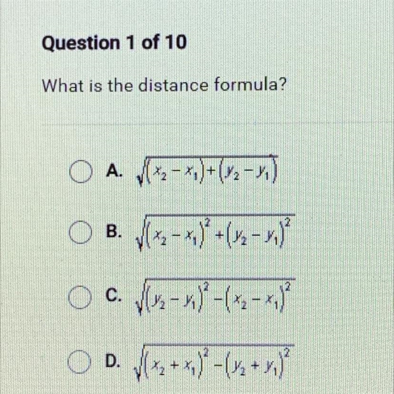 What is the distance formula?A.( 22 - x)+(2)X12B. (-x}+(ューアOC (シー)(2-メ)OD. z+x}-(x-example-1