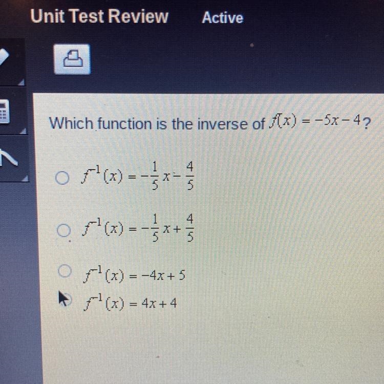 Which function is the inverse of f(x) = -5x-4?-example-1