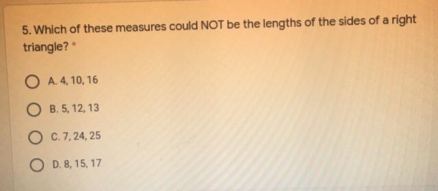 Which of these measures could NOT be the lengths of the sides of a right triangle-example-1