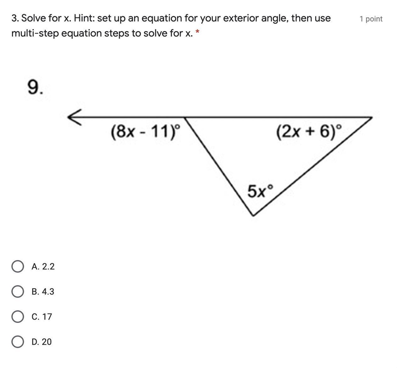 Solve for x. Hint: set up an equation for your exterior angle, then use multi-step-example-1