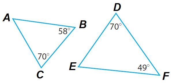 Triangle ABC has interior angles that measure x°, 58°, and 70° . Triangle DEF has-example-1