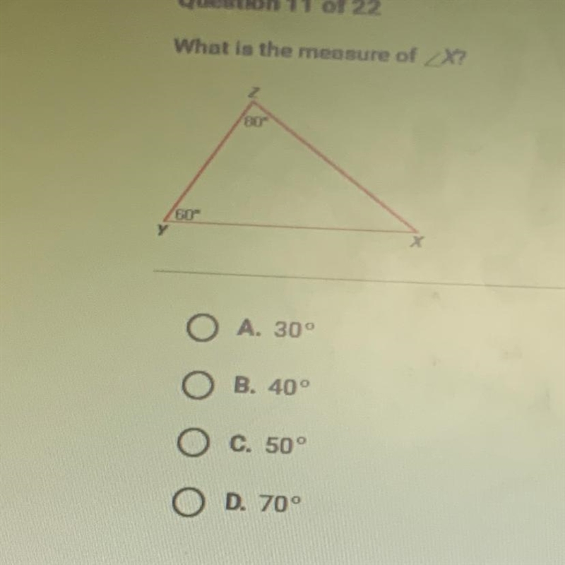 What is the measure of ZX?8060"XO A. 30°O B. 40°O c. 50°O D. 70°P-example-1