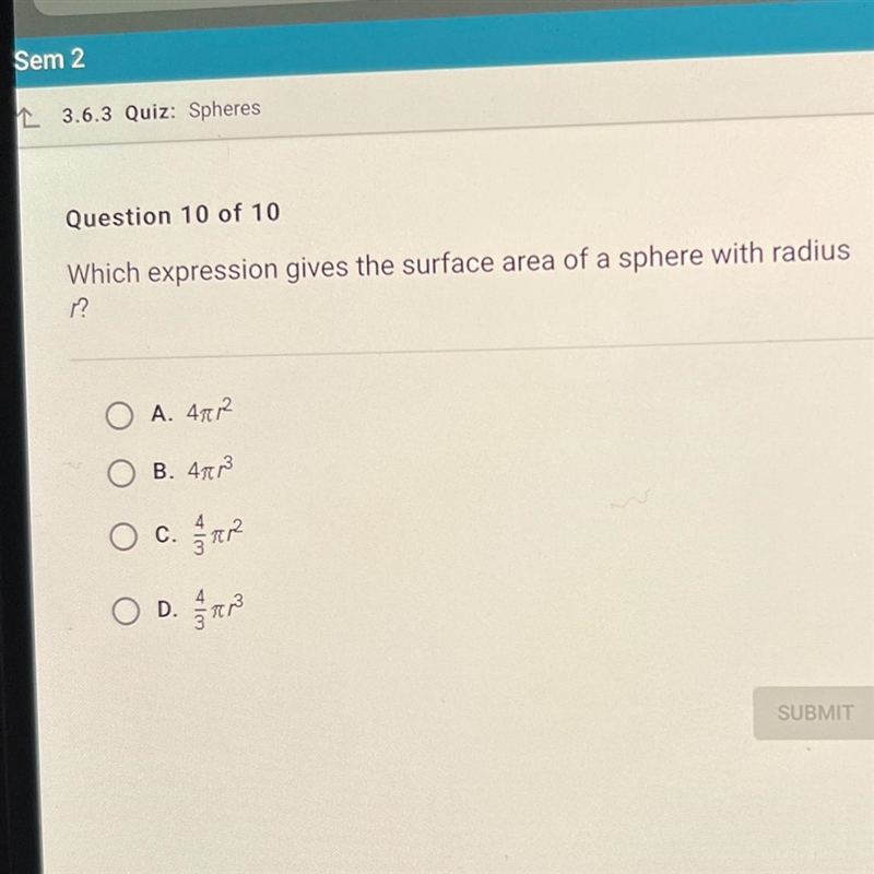 What expression has the surface area of a sphere with radius-example-1