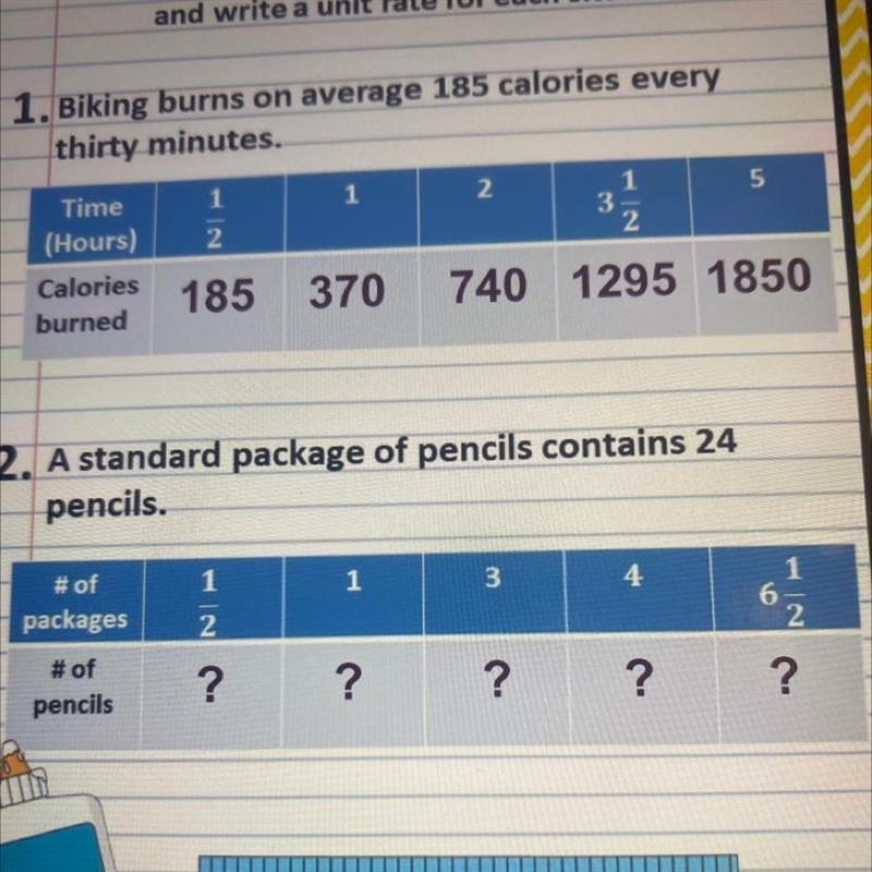 2. A standard package of pencils contains 24 pencils. # of packages # of pencils 127 ? 1 ? 3 ? 4 ? 6 1 2 ?-example-1