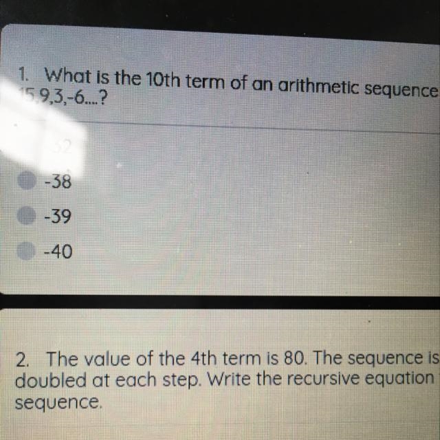 1. What is the 10th term of an arithmetic sequence 15 9 3 -6...?-example-1