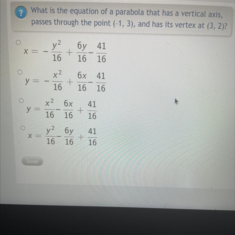 ? What is the equation of a parabola that has a vertical axis, passes through the-example-1