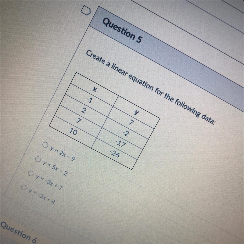 Create a linear equation for the following data:Ху-172-27-1710-26O y = 2x - 9O y = 5x-example-1