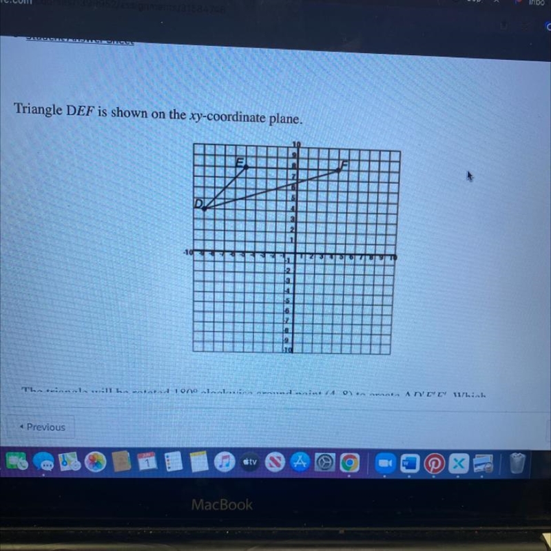 Triangle DEF is shown on the xy-coordinate plane. The triangle will be rotated 180° clockwise-example-1