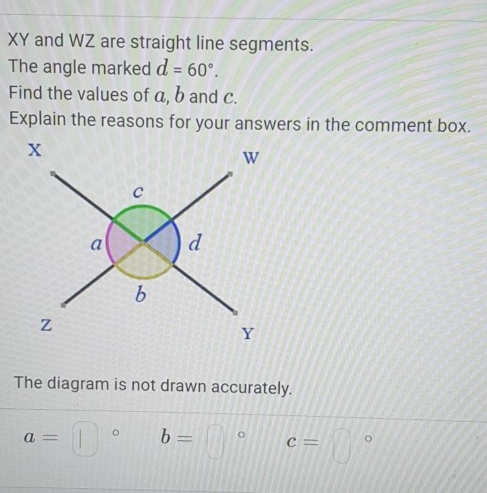 XY and WZ are straight line segments. The angle marked d = 60°. Find the values of-example-1