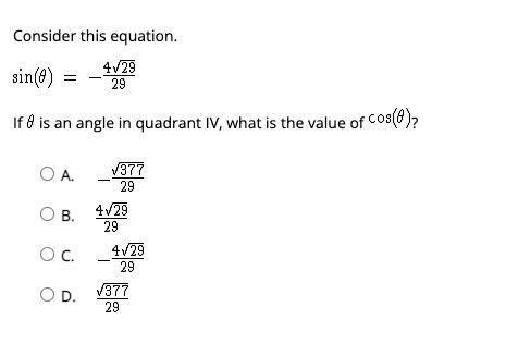 50PTS Consider this equation .sin(0) = 4 If is an angle in quadrant II, what is the-example-1