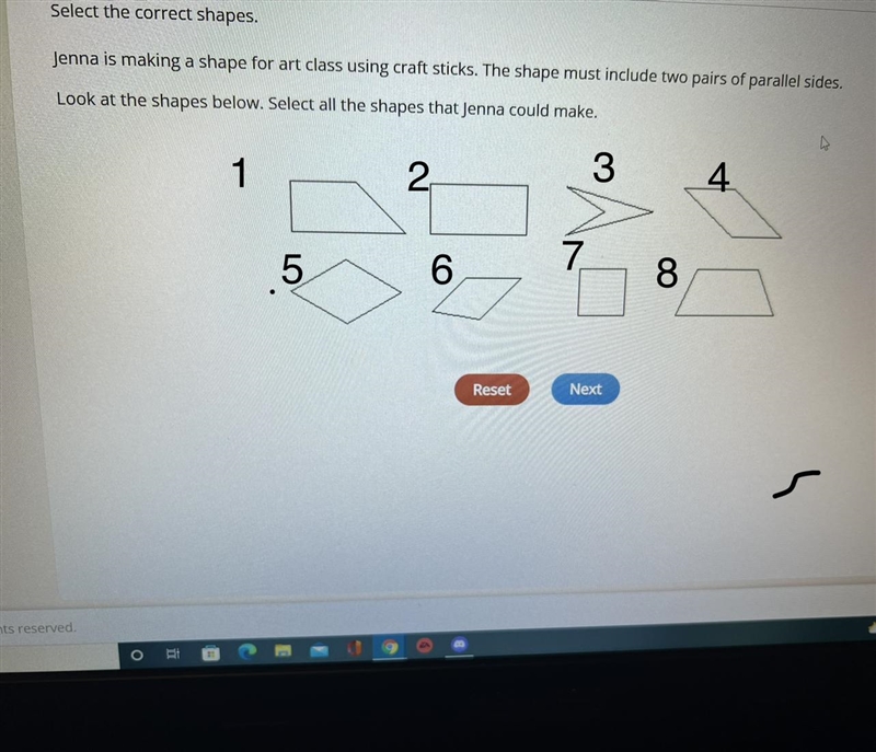 Jenna is making a shape for art class using craft sticks. The shape must include two-example-1