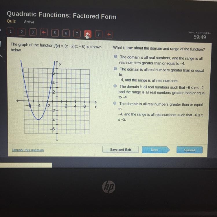 The graph of the function f(x) = (x + 2)(x + 6) is shownbelow.6+4+What is true about-example-1