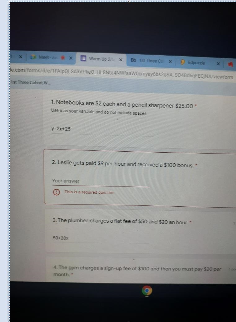 Leslie gets paid $9 per hour and received a $100 bonuswrite in the form y = mx + b-example-1