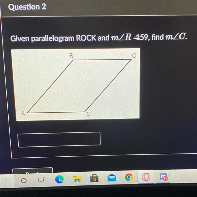 Given parallelogram ROCK and m R =159, find m 20.-example-1