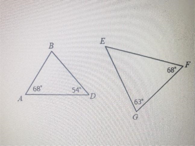 estion #4: Explain if the triangles are similar using AA-. If they are similar, which-example-1