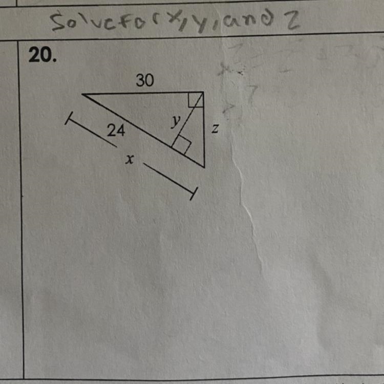 Solve for x , y and z using geometric mean altitude theorem and leg theorem-example-1