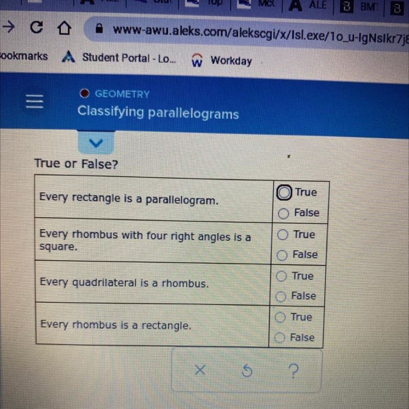 True or False?TrueEvery rectangle is a parallelogram.Every rhombus with four right-example-1