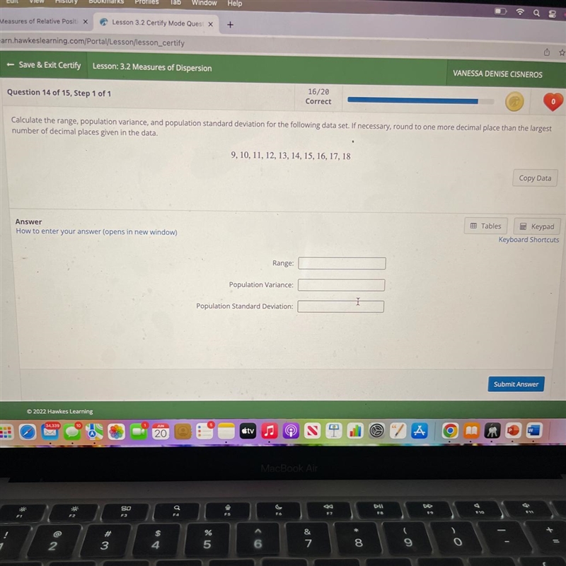 Calculate the range, population variance, and population standard deviation for the-example-1