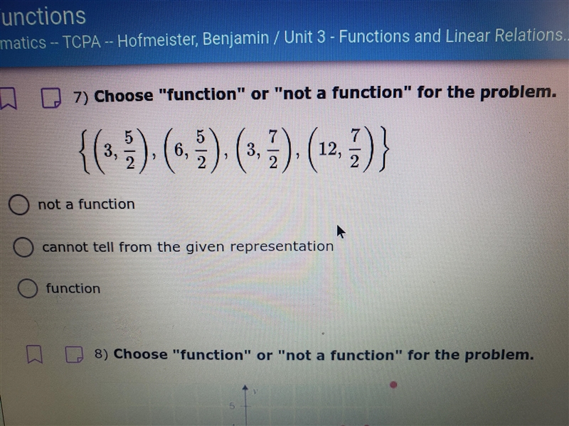 7) Choose "function" or "not a function" for the problem. 3, 6, 3, :) 12, :) 2 2 2 not-example-1