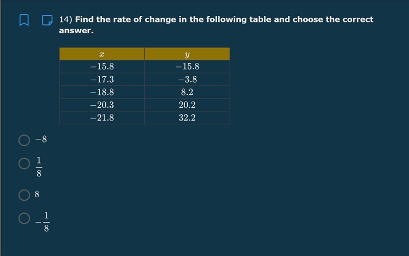 Find the rate of change in the following table and choose the correct answer.-example-1