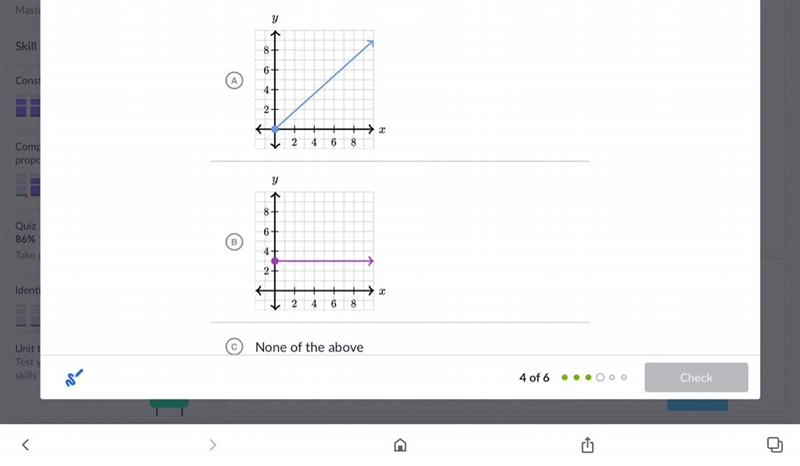 Which of the following graphs show a proportional relationship?Choose all answers-example-1