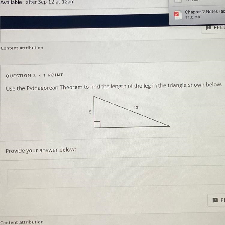 Use the Pythagorean Theorem to find the length of the leg in the triangle shown below-example-1