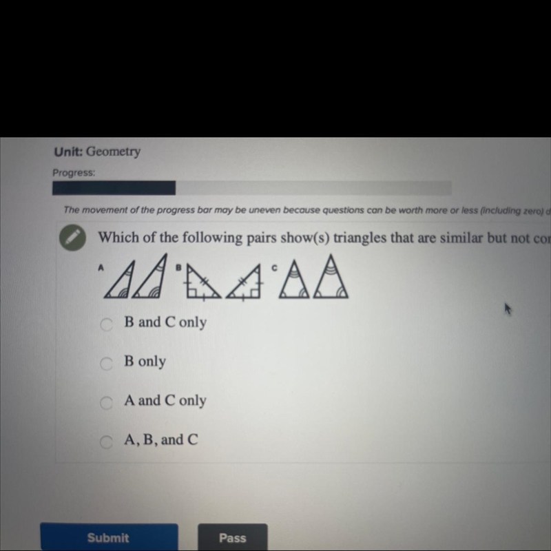 Which of the following pairs show(s) triangles that are similar but not congruent-example-1