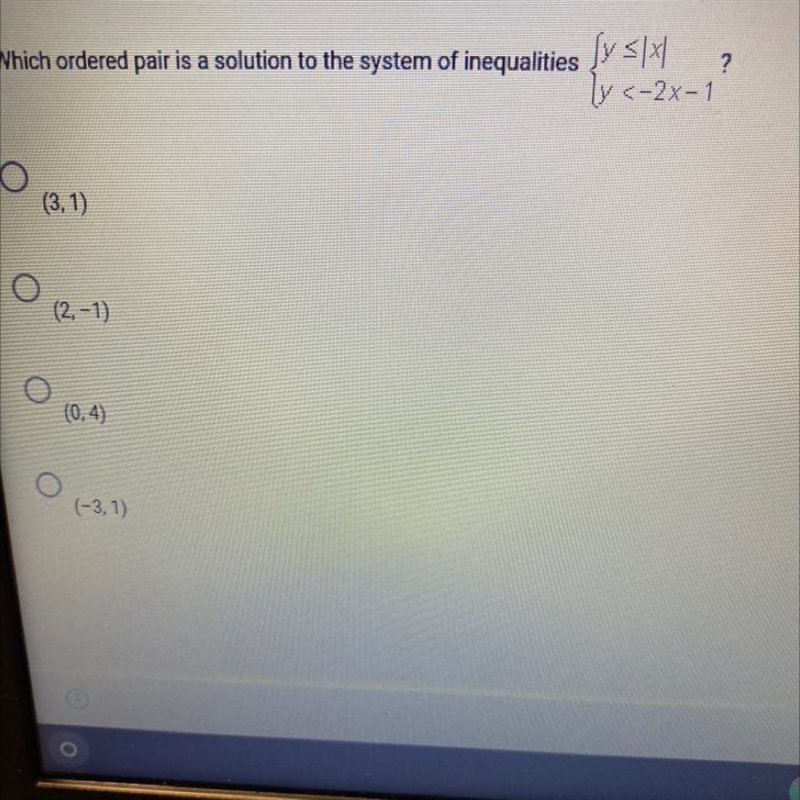 Which ordered pair is a solution to the system of inequalitiesy<|x| and y<-2x-example-1