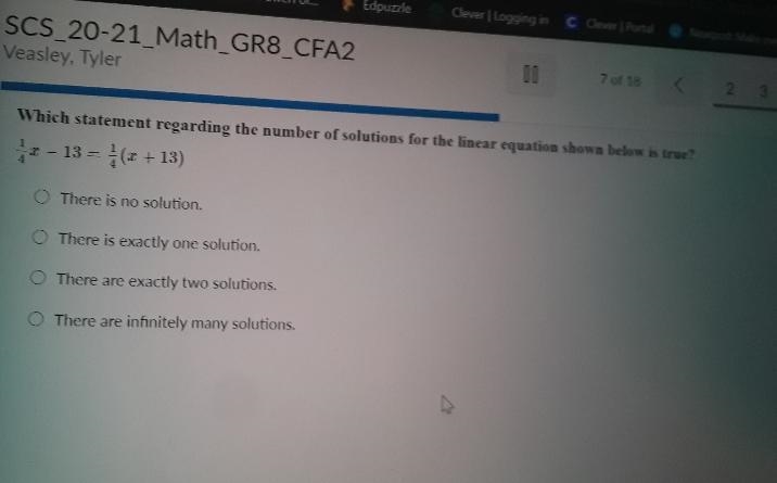 which statement regarding the number of solutions for the linear equation shown below-example-1