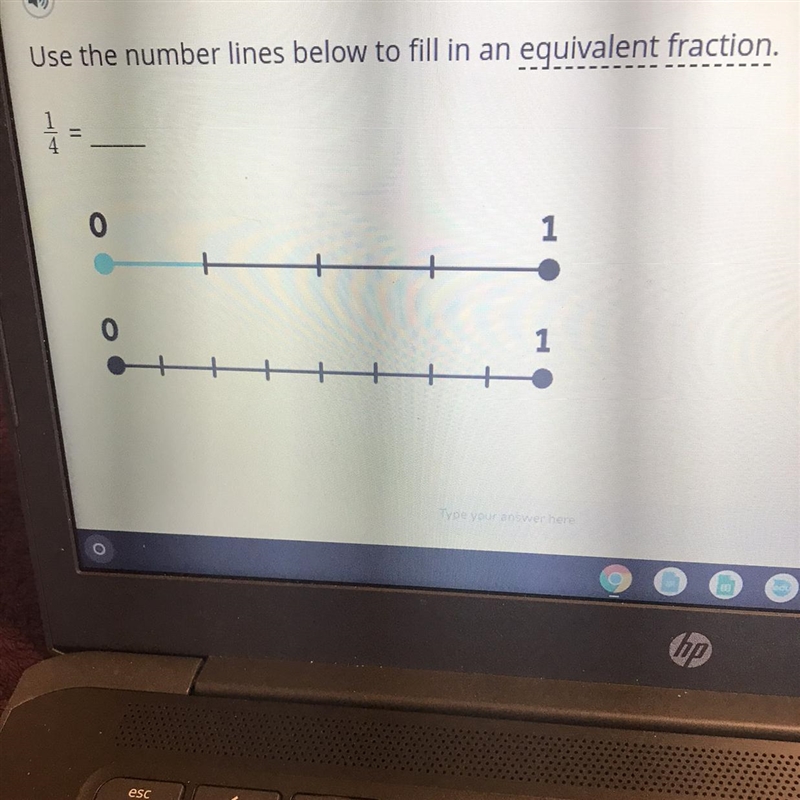 Use the number lines below to fill in an equivalent fraction. 1/4-example-1