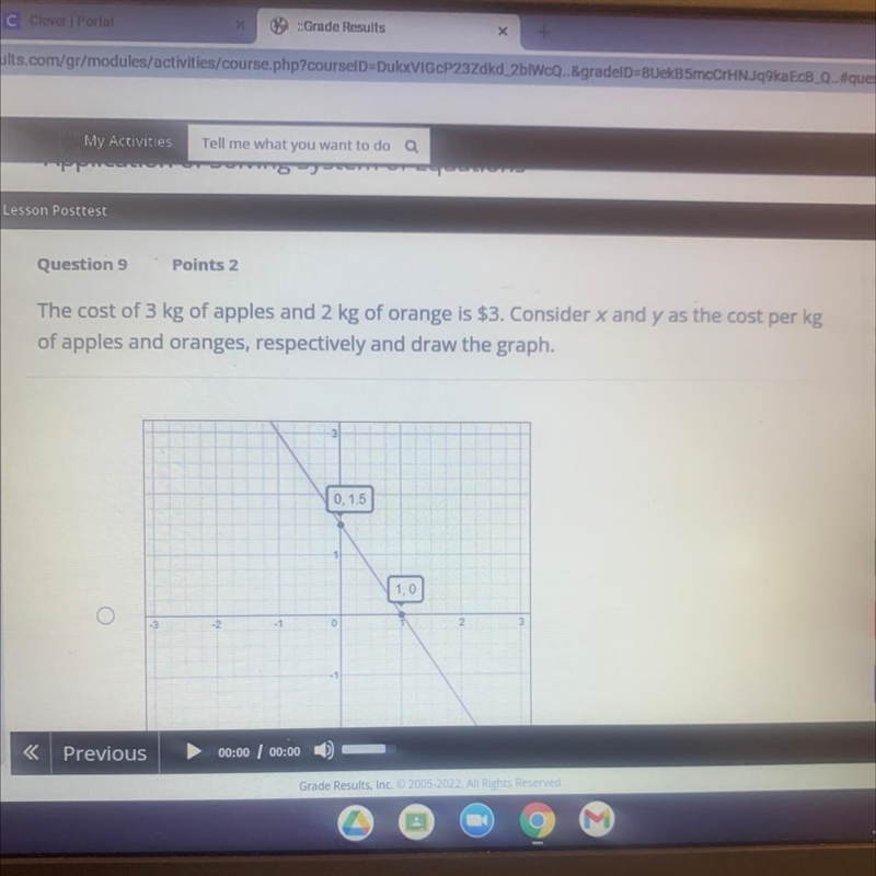 The cost 3 kg of apples and 2 kg of orange is $3. Consider x and y as the cost per-example-1