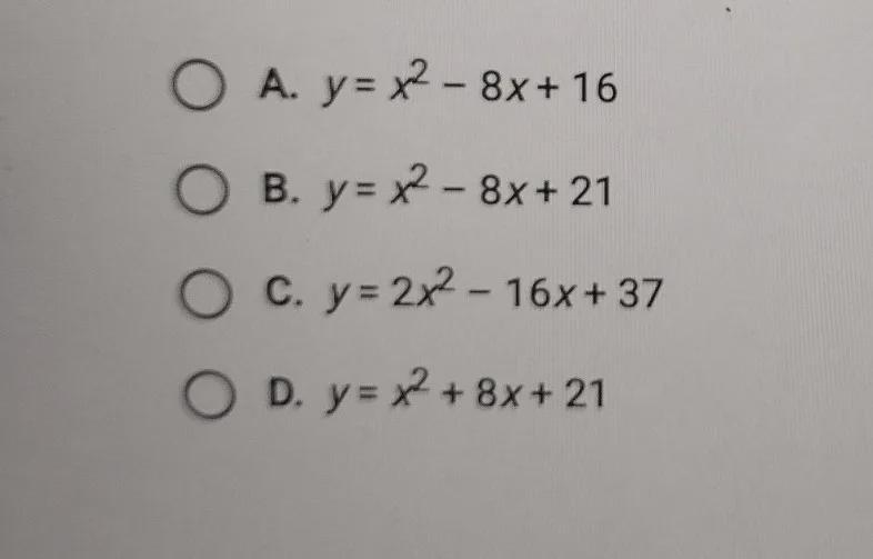 What is the standard form of the quadratic function that has a vertex at (4, 5) and-example-1