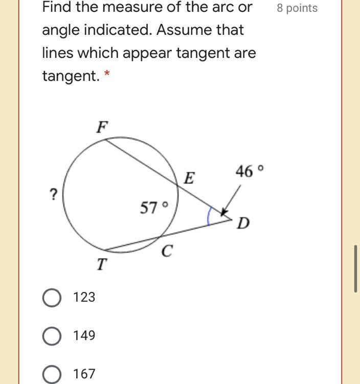 8 points Find the measure of the arc or angle indicated. Assume that lines which appear-example-1