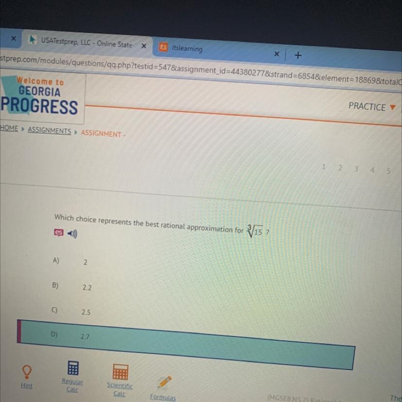 Which choice represents the best rational approximation for 15 ?es)A)2B)2.2C)2.5D-example-1