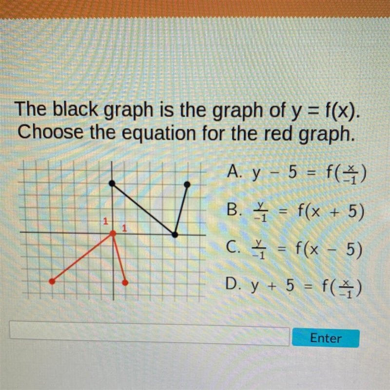 HELP ASAP!!! The black graph is the graph of y = f(x). Choose the equation for the-example-1