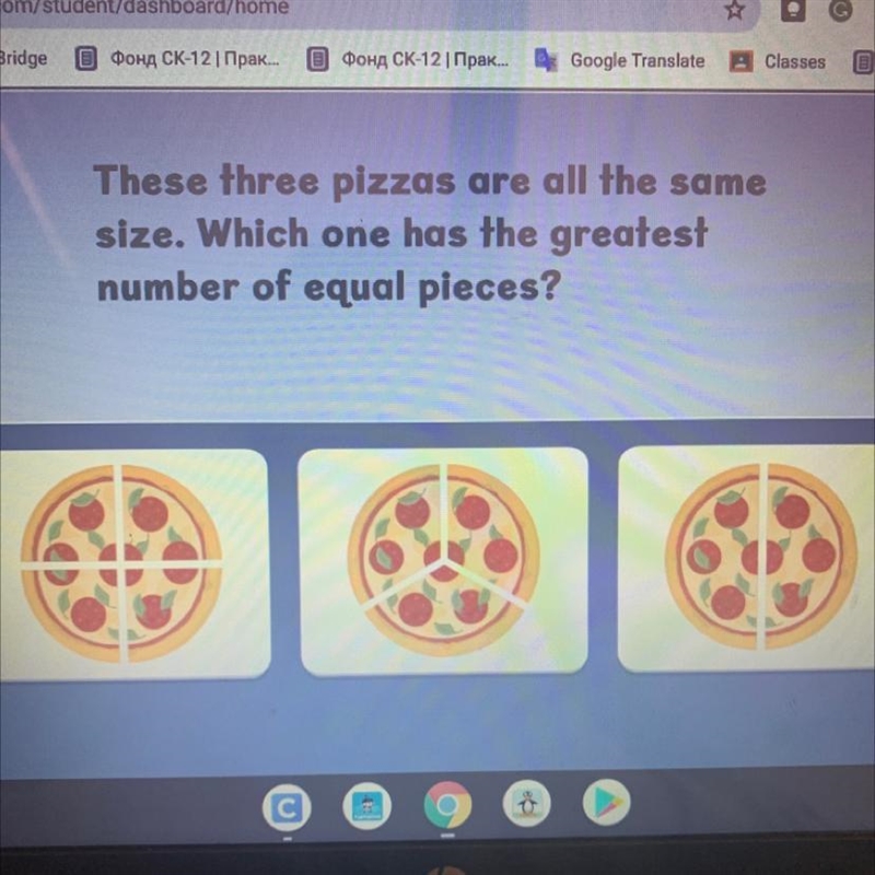 These three pizzas are all the same size. Which one has the greatest number of equal-example-1