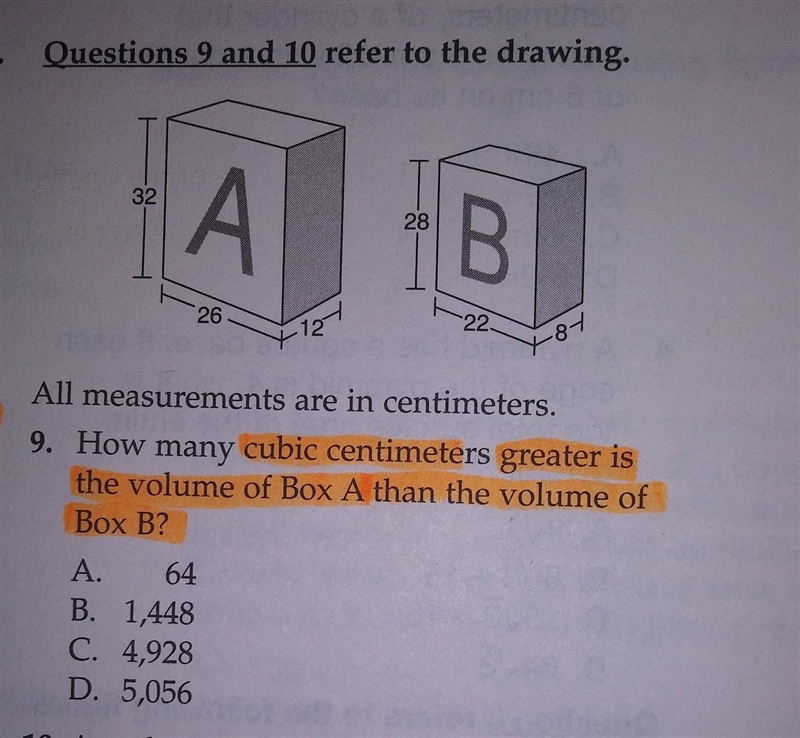 All measurements are in centimeters. 9. How many cubic centimeters greater is the-example-1