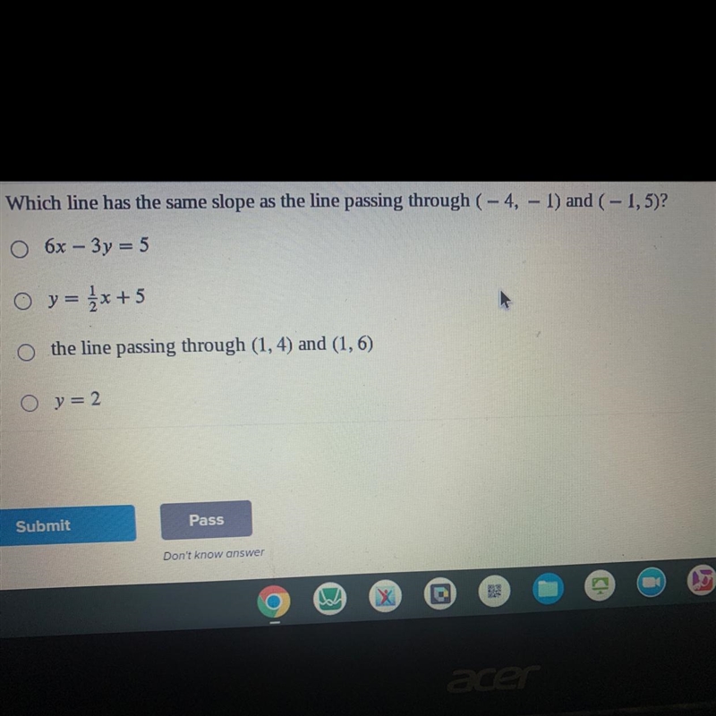 Which line has the same slope as the line passing through-example-1