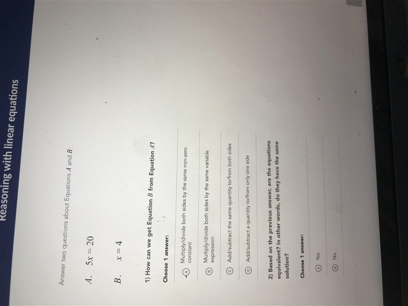 Answer two questions about Equations A and B:A.5x = 20B.x = 41) How can we get Equation-example-1