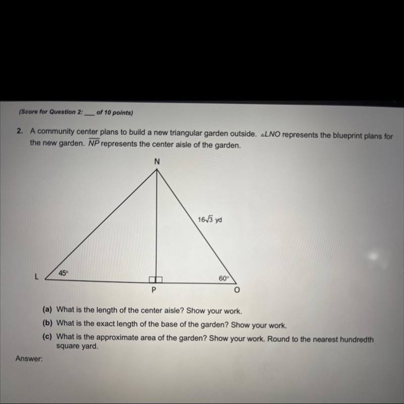 A community center plans to build new triangular garden outside. Triangle LNO represents-example-1