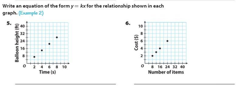 Write an equation of the form y = kx for the relationship shown in each graph. Show-example-1