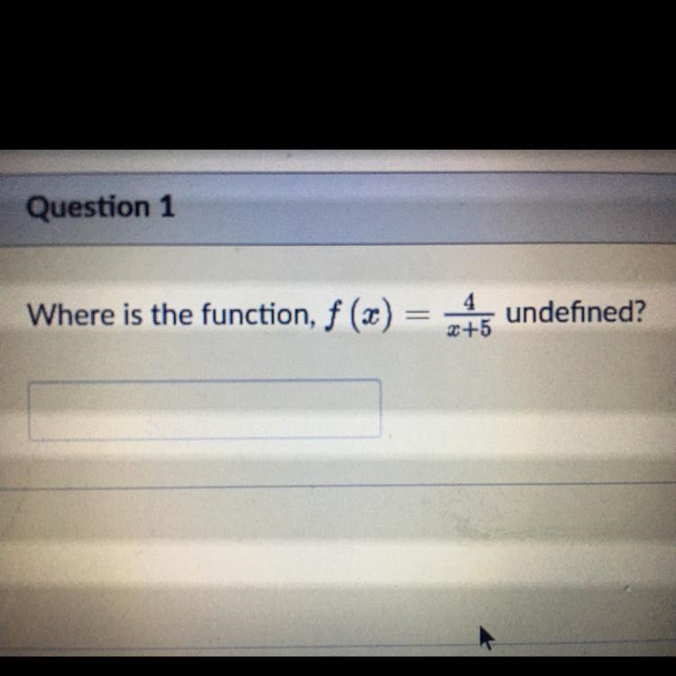 Where is the function f(x) = 4/(x + 5) undefined?-example-1