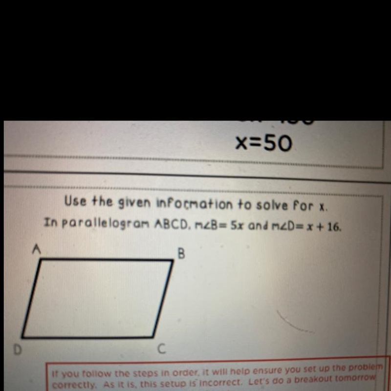 Use the given information to solve for x.In parallelogram ABCD, M-example-1