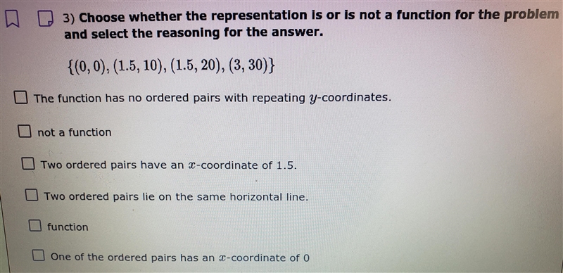 Choose whether the representation Is or is not a function for the problem and select-example-1