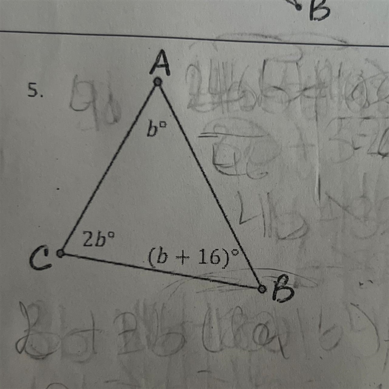 Find the missing angle measures a=b b=(b+16) c=(2b)-example-1