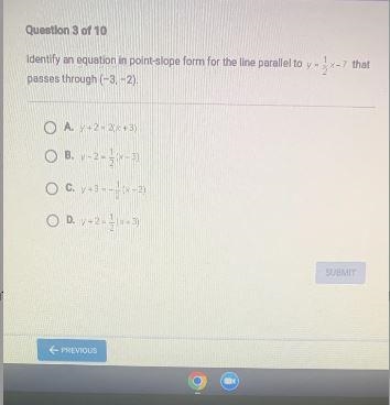 Identify an equation in point-slope form for the line parallel to y = 1/2x - 7 thatpasses-example-1