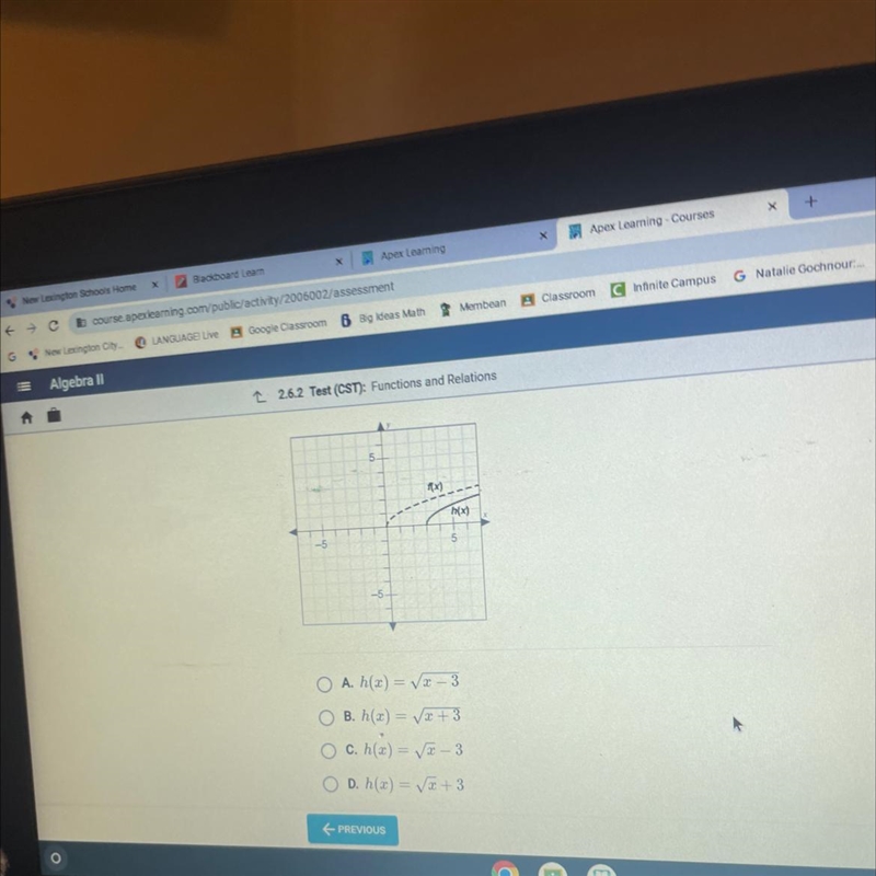 The function h(x) is a transformation of the square root parent function, f(t) = t-example-1