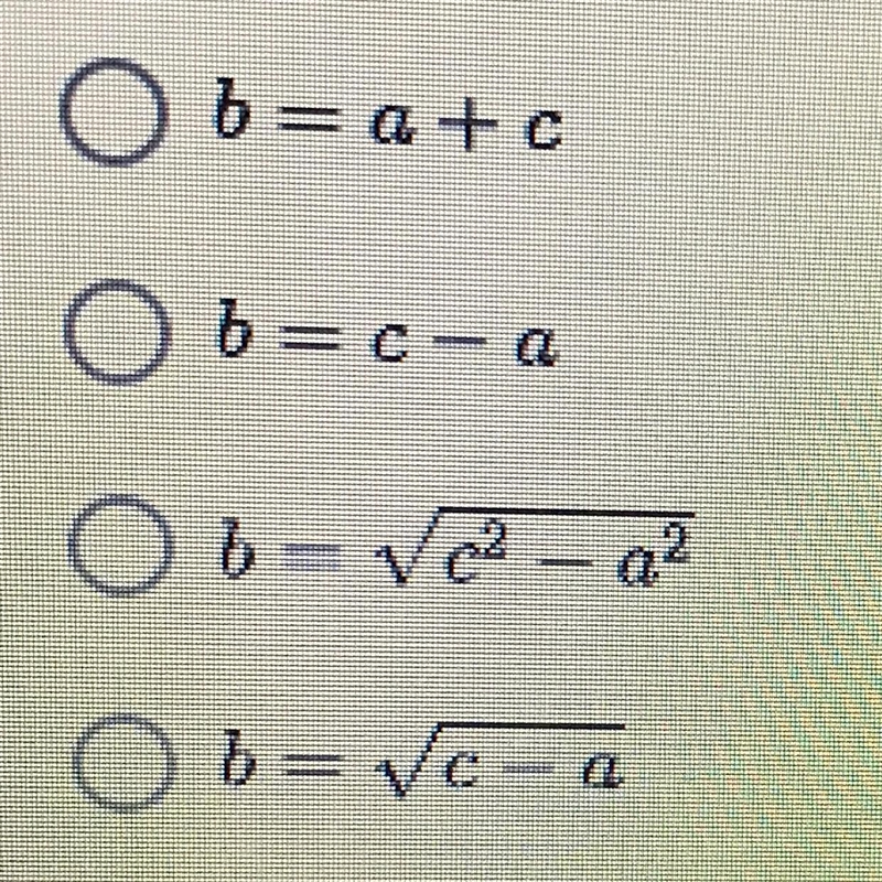 If you know the length of sides a and c of a right triangle, which equation represents-example-1